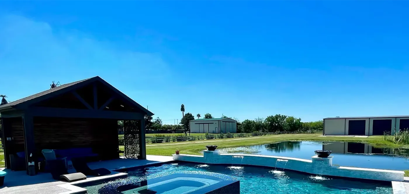 Pool with covered cabana and outdoor living space